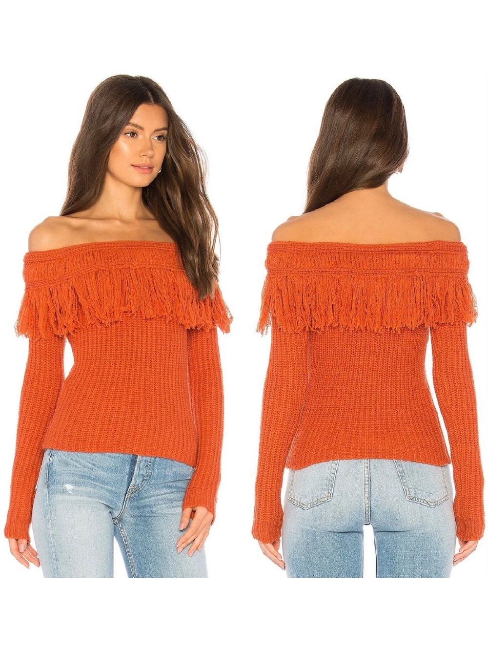 Tularosa Alpaca Wool Blend Fringe Off Shoulder Sweater Rust M